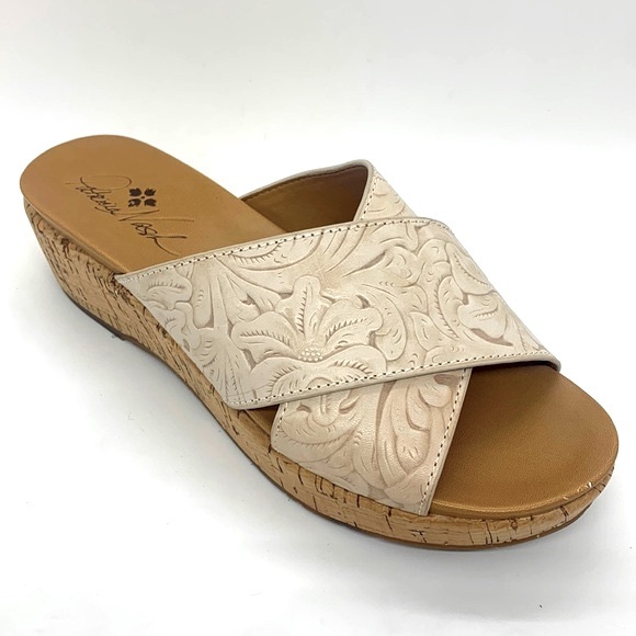 Patricia Nash Luca Sandal Slide On Cream 38/8 Floral Cross Over Platform Coastal - Picture 1 of 15